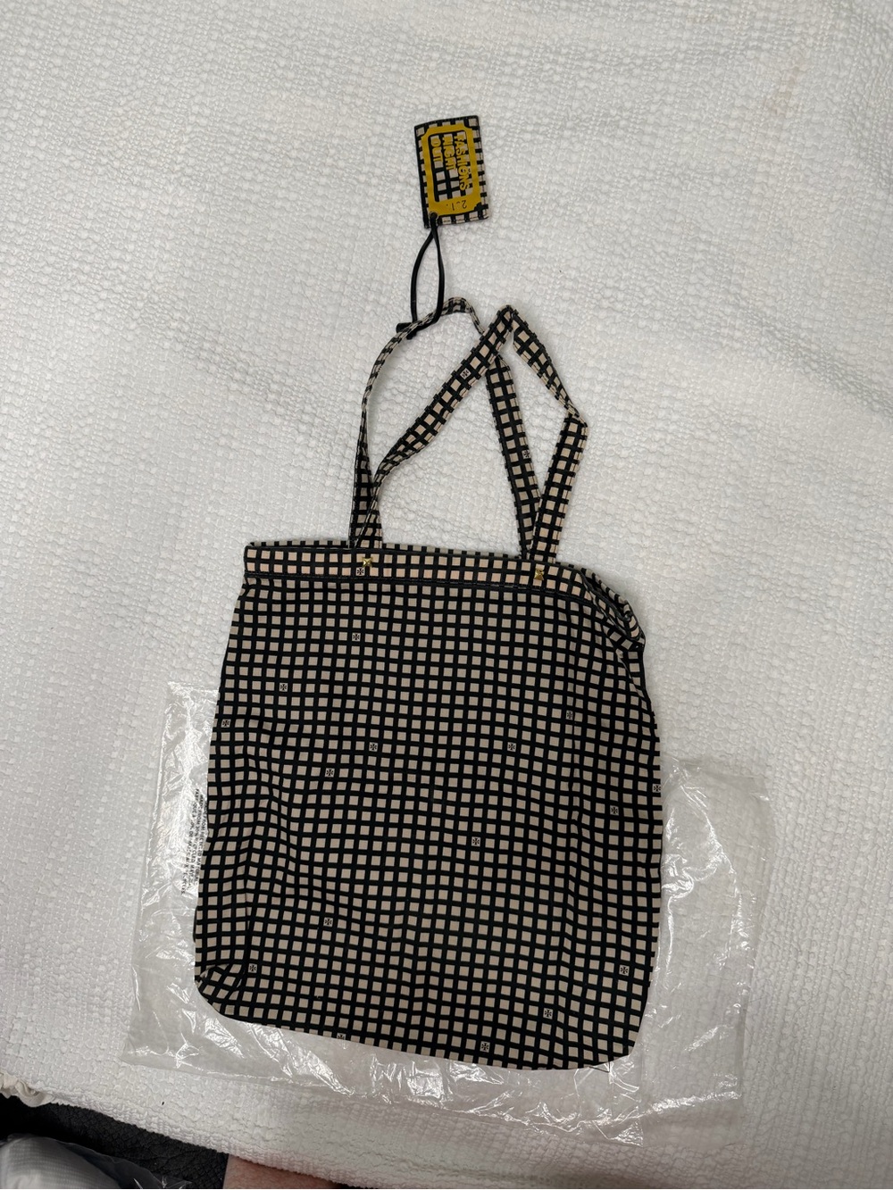 Tory Burch Black and Beige Grid Canvas Tote with Yellow Logo Tag - Picture 6 of 6